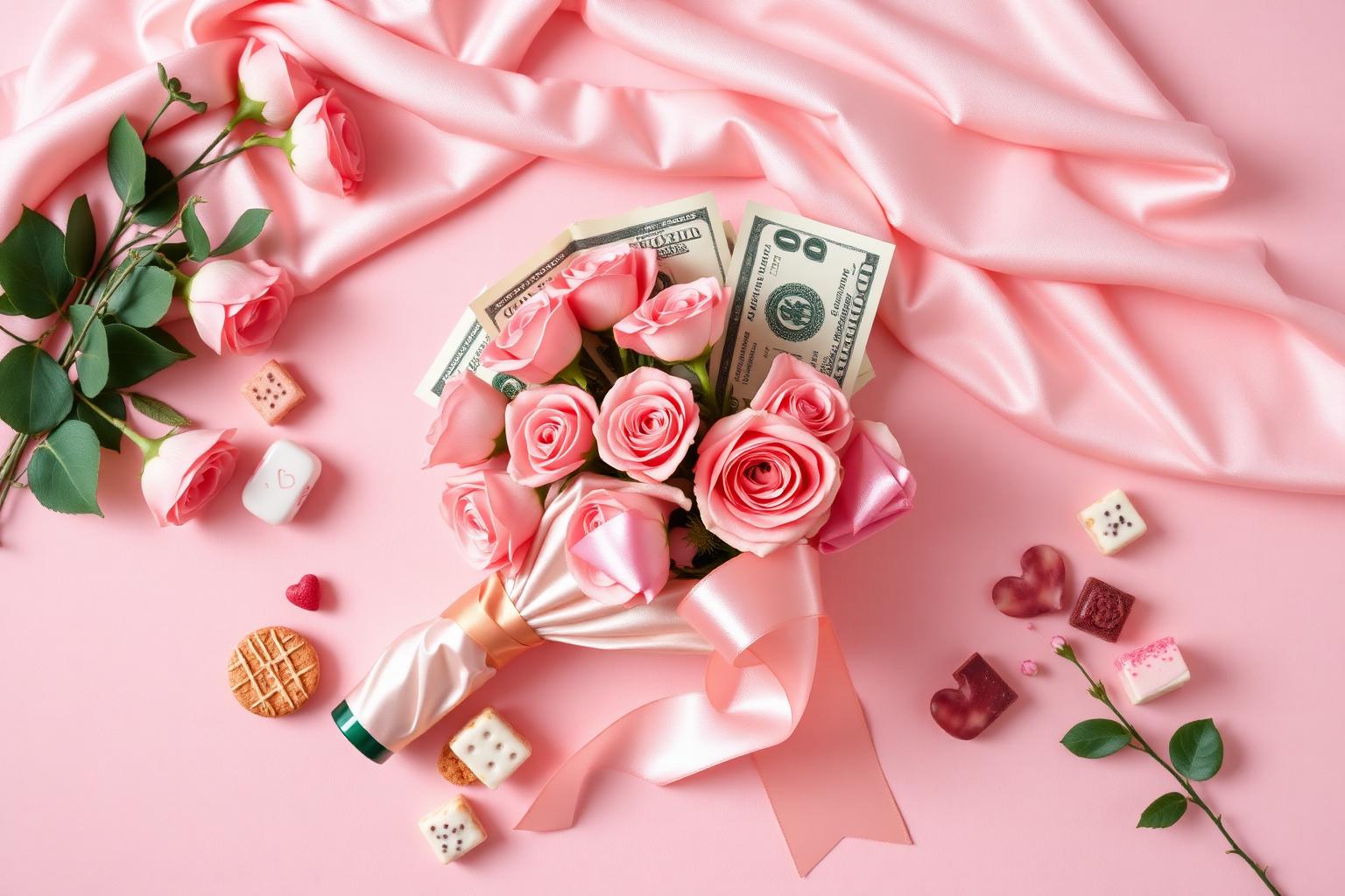 Pink money bouquet with roses and treats